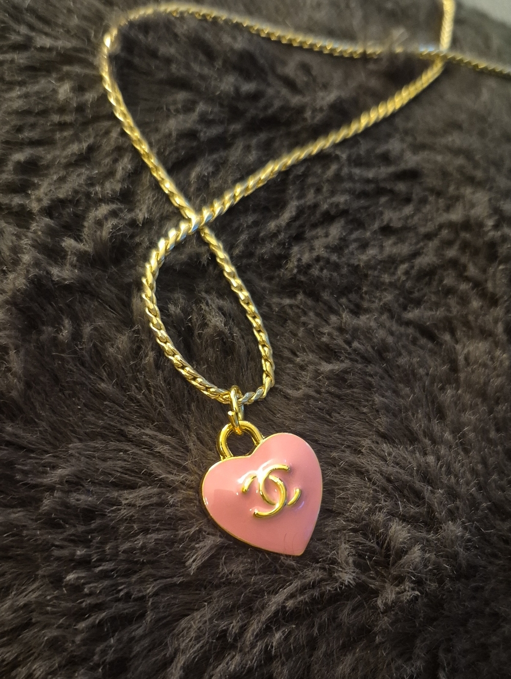 Pink Heart CC Stamped Pendant Necklace